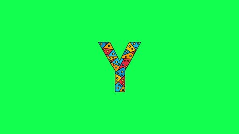 Letter Y. Animated unique font made of circles and triangles, polygons. Bauhaus geometric mosaic style. Bright colors. Letter Y for icons, logos, interface elements. Green chromakey background, 4K