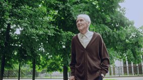 Happy mature man walking along beautiful green park with cane, enjoying nature - Powered by Shutterstock - Get 15% off with code: PIKWIZARD15