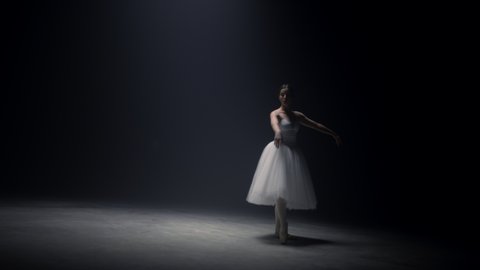 Charming ballet dancer spinning around in tutu skirt on stage. Pretty ballerina dancing on tiptoe under spotlight in dark background. Beautiful woman engaging classical dance indoors. 