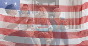 Animation of flag of united states of america waving over smiling caucasian family. american patriotism, independence and celebration concept digitally generated video.
