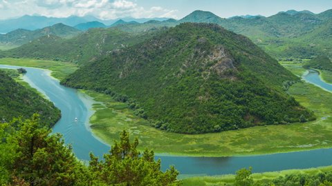 The Green Mountain and canyon of the Rijeka Crnojevica River, in Skadar Lake National Park, Montenegro. Timelapse 4K