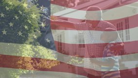 Animation of flag of usa waving over african american grandfather with grandson. american patriotism, independence and celebration concept digitally generated video.