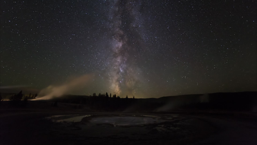 Time Lapse Lockdown Majestic View Of Starry Sky Above Hot Spring At Night - Yellowstone National Park, Wyoming