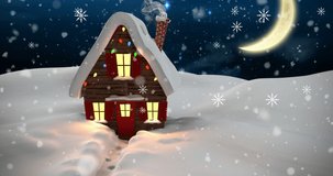 Animation of snow falling over night winter landscape with house. christmas, tradition and celebration concept digitally generated video.