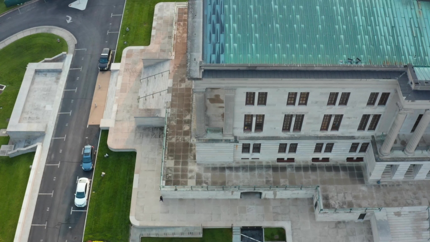State government in USA. Capital building. Aerial truck shot. Democracy in America. American politics.