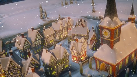 Christmas and Happy New Year 2022 animation. View of a small town or village on a winter night at Christmas. Santa Claus carries a bag with gifts.