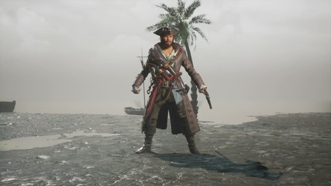 A formidable pirate stands on an ocean shore and fires his pistol. The man was created using 3D computer graphics. 3D rendering. The animation is ideal for pirate and adventure backgrounds.