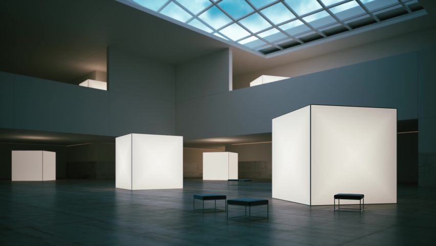 Modern interior of an art exhibition. Empty gallery interior. Exhibition center interior. Exhibition of contemporary art. Hall of modern art museum. 3d visualization Royalty-Free Stock Footage #1078810355