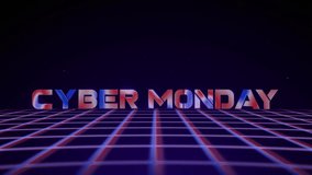 Synthwave wireframe net 80s with text CYBER MONDAY. Retro futurism background. 3d illustration render seamless loop. 4k - Powered by Shutterstock - Get 15% off with code: PIKWIZARD15