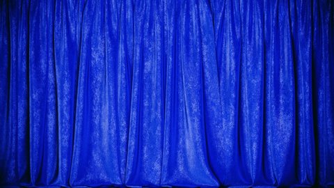 Realistic graded 3D animation of the luxurious and cozy blue velvet theater stage curtain rendered in UHD with alpha matte