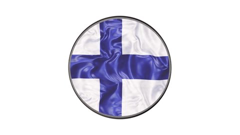 Realistic looping 3D animation of the stylized national flag of Finland label ice hockey puck rendered in UHD with alpha matte