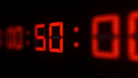 3D animation of red 60 fps timecode led-LCD digits on black background with shallow DOF.
