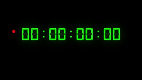 One minute of glowing led 60 fps timecode readout with green digits and red blinking dot on black background.