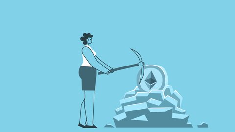 Flat woman miner uses a pickaxe to mine a Ethereum coin. Flat Design Cartoon Character Isolated Loop 2d Animation with Alpha channel