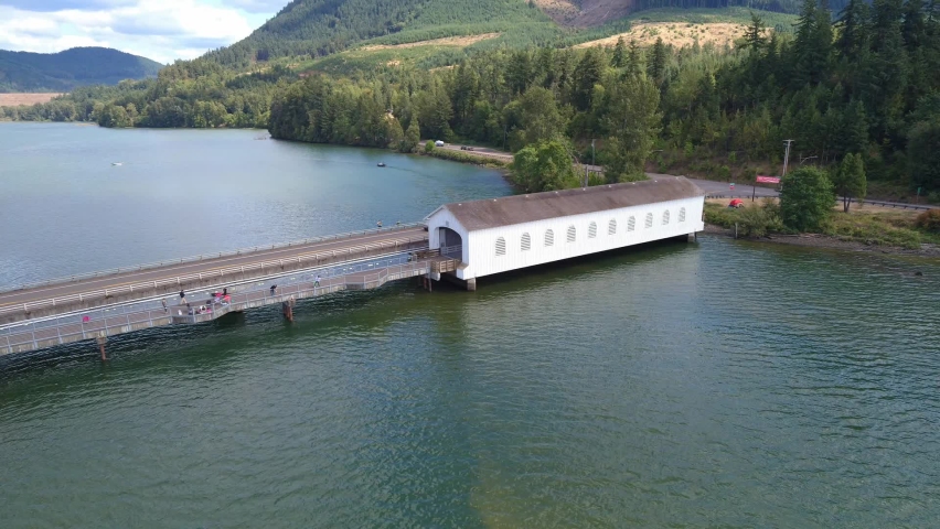 Lowell Bridge, Lowell Oregon. Historic covered bridge. Epic scenery with dam in the background. 