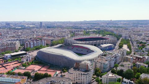 PARIS, FRANCE, EUROPE - CIRCA 2020: Aerial view of Le Parc des Princes 2-tier stadium for soccer team Paris Saint-Germain Football Club and Stade Jean-Bouin mixed-use stadium for rugby and athletics.