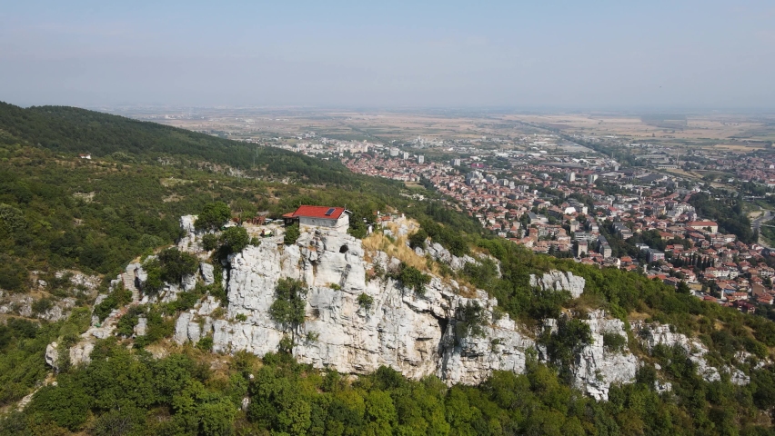 Aerial view of Saint Demetrius of Thessaloniki church near Asenovgrad, Plovdiv Region, Bulgaria