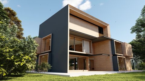 3D animation of a large wooden mansion with pool and garden : vidéo de stock