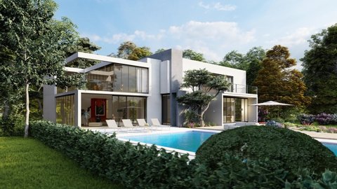 3D animation of a beautiful modern villa with pool and a big garden