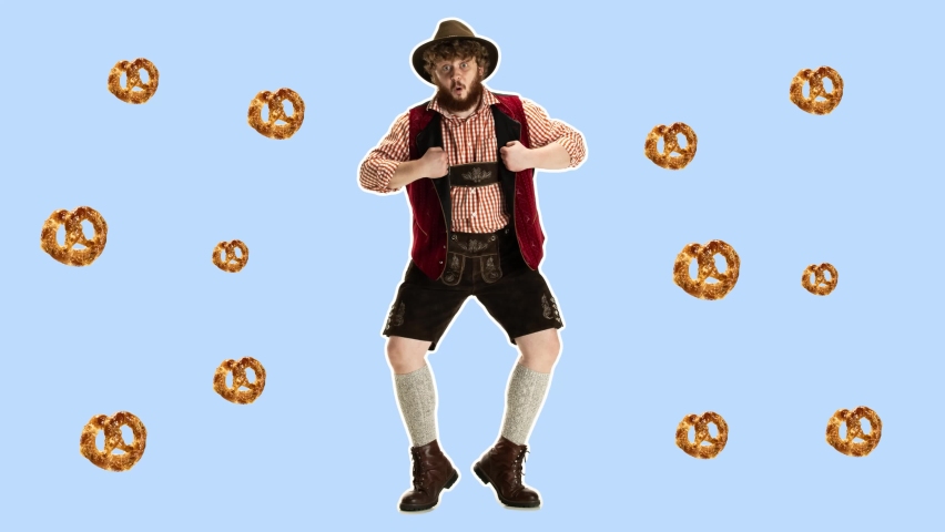 Stop motion design or art animation. Oktoberfest funny young man in hat, wearing a traditional Bavarian clothes dancing with pretzels, 4k video animated. Modern, conceptual, contemporary art collage. Royalty-Free Stock Footage #1078834643