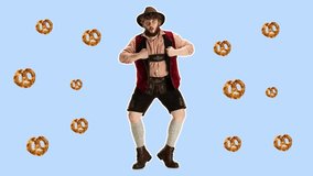 Stop motion design or art animation. Oktoberfest funny young man in hat, wearing a traditional Bavarian clothes dancing with pretzels, 4k video animated. Modern, conceptual, contemporary art collage.