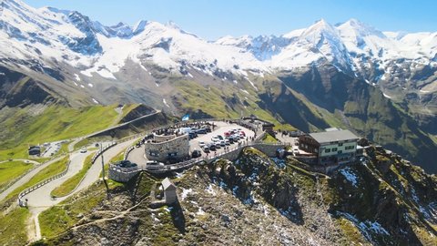 Grossglockner Mountains from drone in summer season. Aerial view of Edelweiss Spitze and surrounding peaks with fresh snow