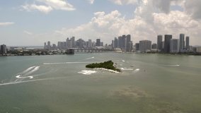 Labor Day Holiday weekend Miami Pace Picnic Island. View of Downtown Miami shot with drone 4k 60fps