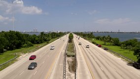 Aerial still clip Miami Julia Tuttle Causeway Bridge 4k with passing traffic