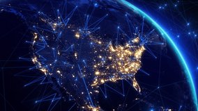 Animation of Earth and United States Map with Bright Connections and City Lights. Blue Lines and Nodes Representing Satellite, Mobile and Technological Signals.  - Powered by Shutterstock - Get 15% off with code: PIKWIZARD15
