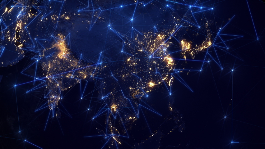 Bright Connections Forming a Network Over Asia. Line and Dot Animations Representing Satellite, Mobile and Technological Signals. Global Telecommunication. Big Data
 | Shutterstock HD Video #1078845401