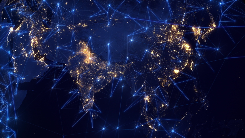 Bright Connections Forming a Network Over Asia. Line and Dot Animations Representing Satellite, Mobile and Technological Signals. Global Telecommunication. Big Data
 | Shutterstock HD Video #1078845401
