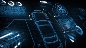 Digital screen of car infographics with animated hud elements, sliders, data, engine, wheel. Perspective user interface moves closely to viewer. - Powered by Shutterstock - Get 15% off with code: PIKWIZARD15