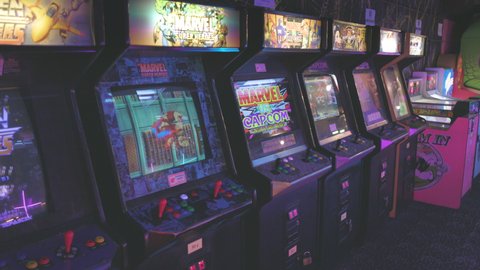 ANN ARBOR, MI - MAY 28: Stand up classic arcade machines with no players during Corona Virus Pandemic in Ann Arbor, Michigan on May 28, 2021.