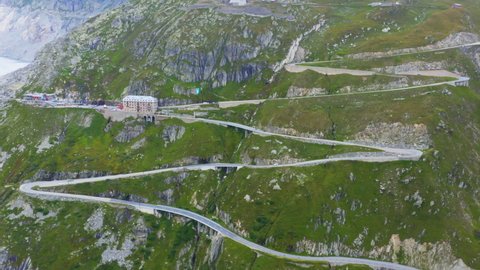 Switzerland, aerial view of Furka pass - high mountain pass in the Swiss Alps connecting Gletsch, Valais with Realp, Uri.