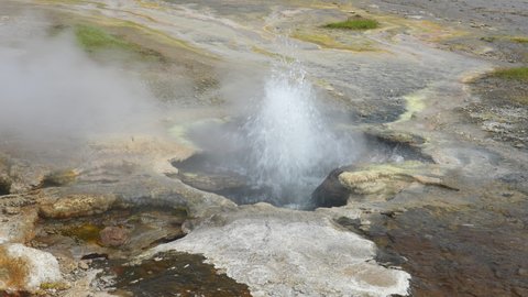 Hot spring field splashing out of active volcanic landscape in Iceland,static top view - Hveravellir,Iceland