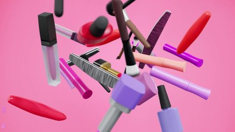 Cosmetic products. Different makeup accessories fly out of beauty gift box on trendy pink background. 3D animation. Make-up tools set concept. Lipstick, mascara, brush, nail Polish. Skin care.