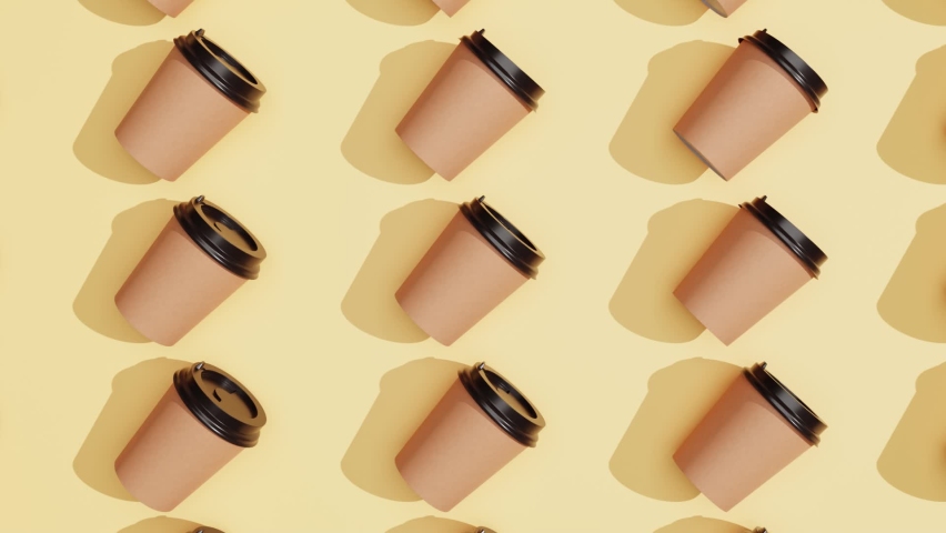 Brown paper coffee cups move on trendy pastel yellow background. Coffee to go. Pattern. 3D animation.