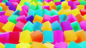 Random cubes flash with neon light on plane. 3d abstract simple geometric background with multicolor cubes in 4k. Smooth looped animation. Creative simple motion design bg with 3d objects