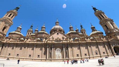 Zaragoza, Spain-29 May, 2021: Cityscape view of spires of Cathedral basilica of Our Lady in Zaragoza city. Landmark monument Cathedral of Aragon region. A Roman Catholic church at Spain-Dan
