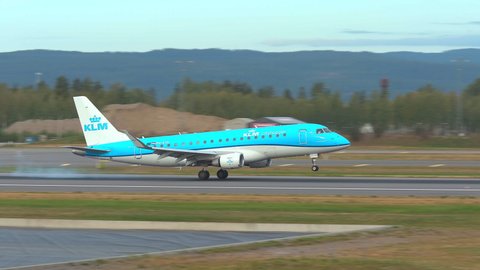 Oslo Airport Norway - September 4 2021: airplane klm cityhopper embraer e175 in flight landing ambient sound