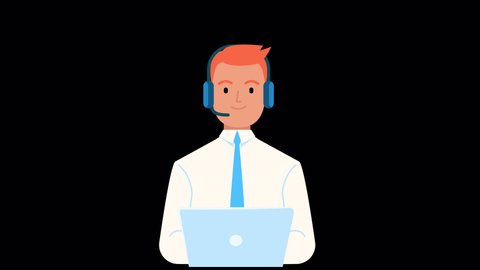 Call center operator male character animation ALPHA channel, hotline flat cartoon design. Smiling office worker with headset, computer. online customer support. Assistant callback client Help center