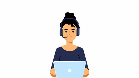 Call center operator female character animation ALPHA channel, hotline flat cartoon design. Smiling office worker with headset, computer. online customer support. Assistant callback client Help center