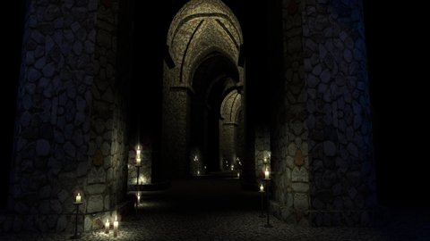 Medieval church at night. Endless stone corridor with candles. 3d rendering. Seamless loop.