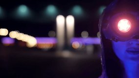 Futuristic woman in cyberpunk city. Science fiction female humanoid cyborg in futuristic neon lit city. - Powered by Shutterstock - Get 15% off with code: PIKWIZARD15