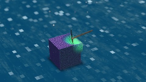 4K Digital Work. A box hit by an old pickaxe that contains small cubes. Futuristic work, attack, breach, mining, extracting data concept. Brute-force attack.