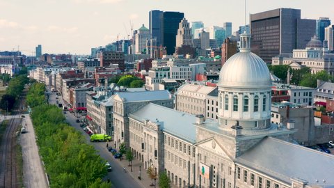 Montreal, Canada - 2021 08 19: Aerial Drone of Old Port in Montreal Quebec During Summer. Downtown Cityscape in Background