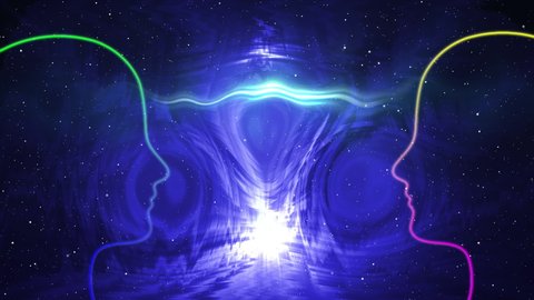 Silhouette of two people staring at each other with particle wave effect