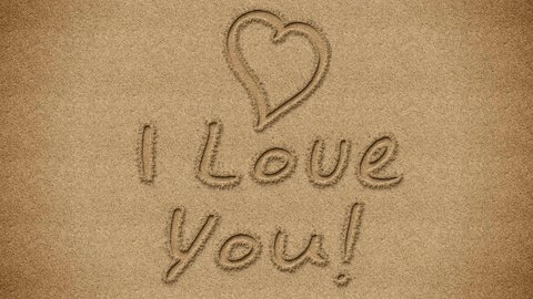 An animation of writing "I Love You" in the sand with a heart above.