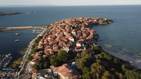 Sozopol, Bulgaria September 2021 Panoramic view of Sozopol by drone. The ancient city is one of the largest sea resorts on the Bulgarian Black Sea coast, located in Burgas region.