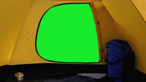 The tent is opening, view from inside on green screen background outside, chroma key 4k footage